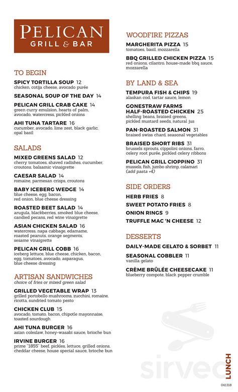 Pelican Grill menu in Newport Coast, California, USA