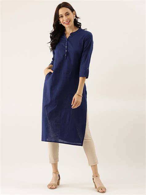 Divena Blue Solid Straight Roll up Sleeve Kurti – divena world