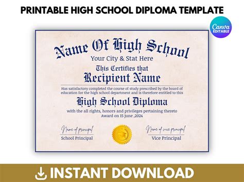 Printable High School Diploma Template, Homeschool Diploma Template ...