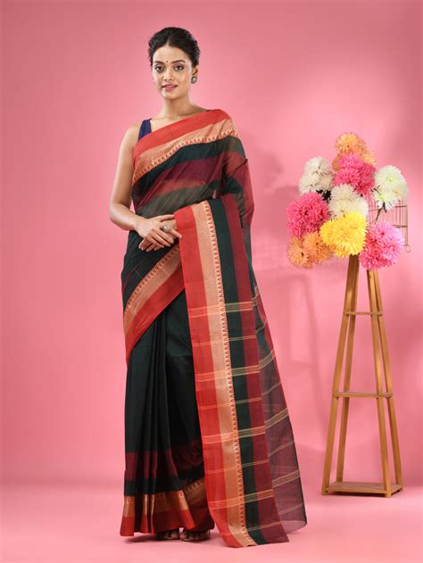 Emerald Green Pure Cotton Taant Saree With Temple Border – Charukriti