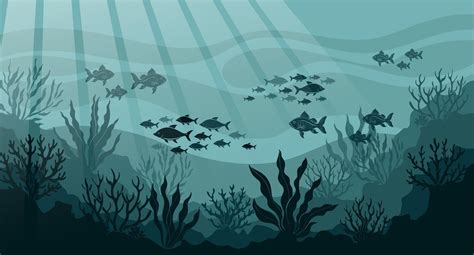Underwater ocean landscape, algae and reefs, silhouette of a school of fish. Seabed background ...
