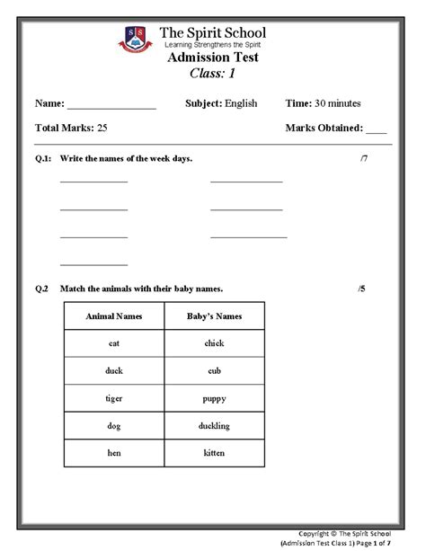1 Class, Admission Test - Admission Test Class: 1 Name ...