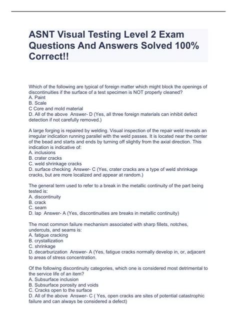 ASNT Visual Testing Level 2 Exam Questions And Answers Solved 100% Correct!! - ASNT VT Level II ...
