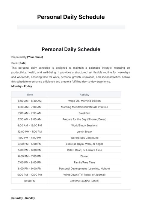 Free Personal Daily Schedule Template to Edit Online