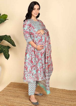 Pastel Teal Maternity and Feeding Kurta Set with Dupatta