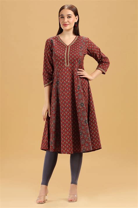 Rust Printed Cotton A Line Kurta – Cotton Culture