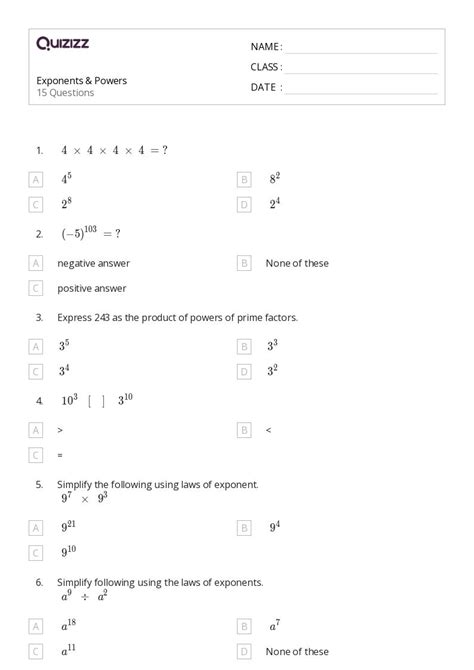 50+ Exponents worksheets for 7th Class on Quizizz | Free & Printable