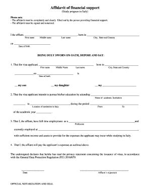 Affidavit of Financial Support for Study in Italy - Blank Fillable ...