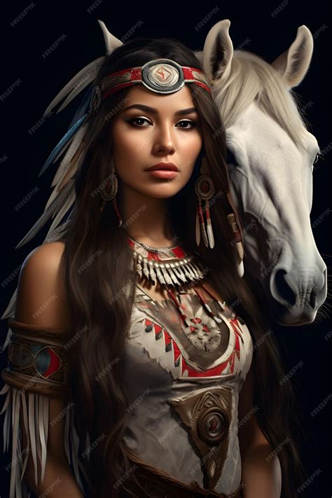 Premium AI Image | american indian woman horse head behind traditional ...