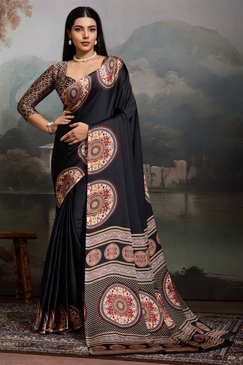 Buy Stone Black Modal Ajrakh Printed Silk Saree Online - MySilkLove
