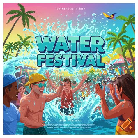 Vibrant poster for a water festival with people splashing, palm trees ...
