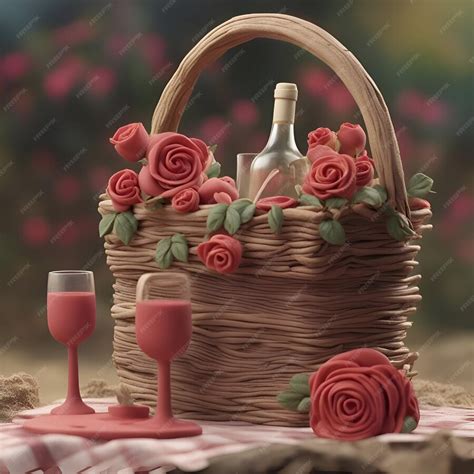Panier en osier avec roses rouges et bouteille de vin sur la table ...