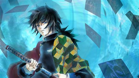 Demon Slayer Giyuu Tomioka With Sword With Background Of Blue And ...