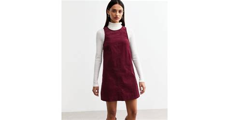 Burgundy Cotton Corduroy Pinafore Dress | New Look