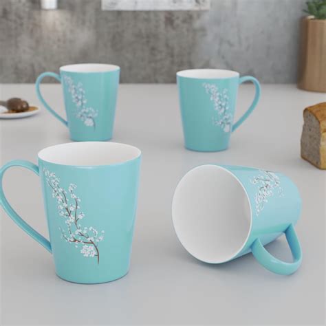 The Earth Store Blossom Blue Coffee Mug Set of 4 Ceramic Mugs to Gift ...