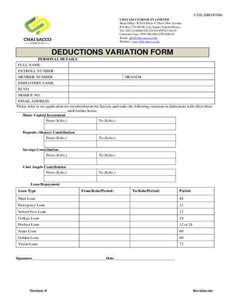 2022-2026 KE Chai Sacco Deductions Variation Form - Blank Fillable ...