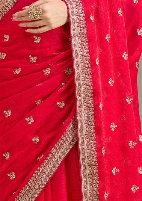 Buy Rani Pink Zariwork (Gold) Tissue Saree - Koskii