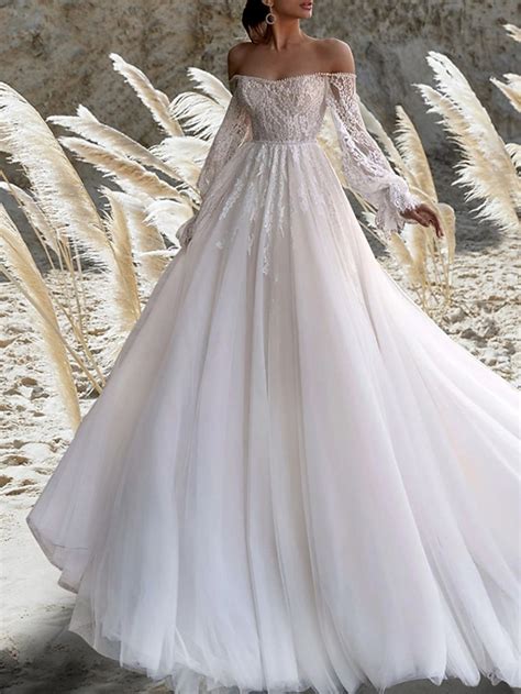 Beach Boho Wedding Dresses A-Line Off Shoulder Long Sleeve Court Train ...