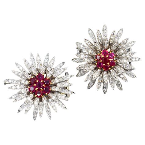 Pair of gold platinum diamond Burmese ruby flower brooches For Sale at ...