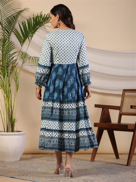 Shop Juniper The Madhubala Blue Ethnic Motif Maxi Dress - Rayon with 3D ...