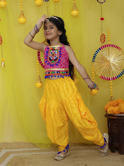 BownBee Pure Cottn Embroidered Choli With Mirror Work Dhoti For Girls