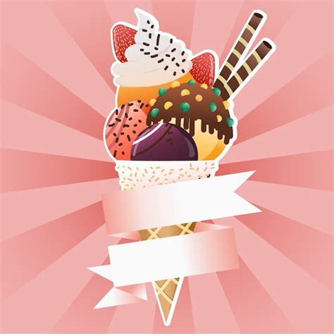 Ice cream cone banner with ribbon tag | Premium Vector