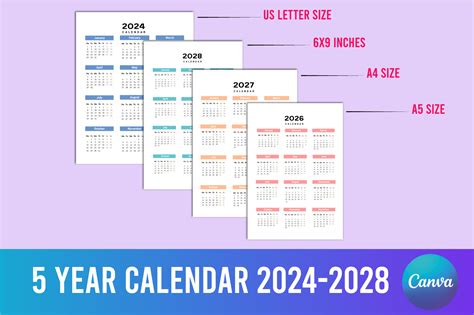 5 Year Calendar 2024-2028 for Canva Graphic by Shumaya · Creative Fabrica