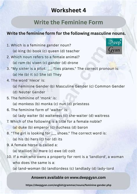 Feminine Gender: Definition, Examples, Usage, Exercises, PDF Worksheet ...