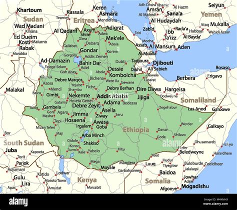 Map of Ethiopia. Shows country borders, urban areas, place names and ...