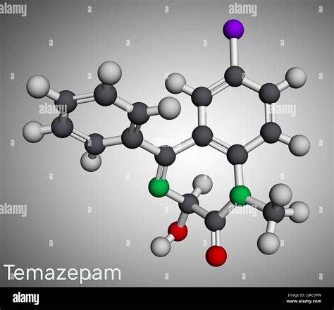 Temazepam drug molecule. It is benzodiazepine, used to treat panic disorders, severe anxiety ...