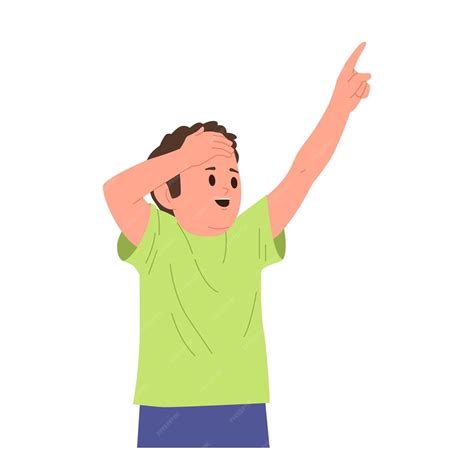 Overwhelmed boy child cartoon character pointing up with finger hand ...