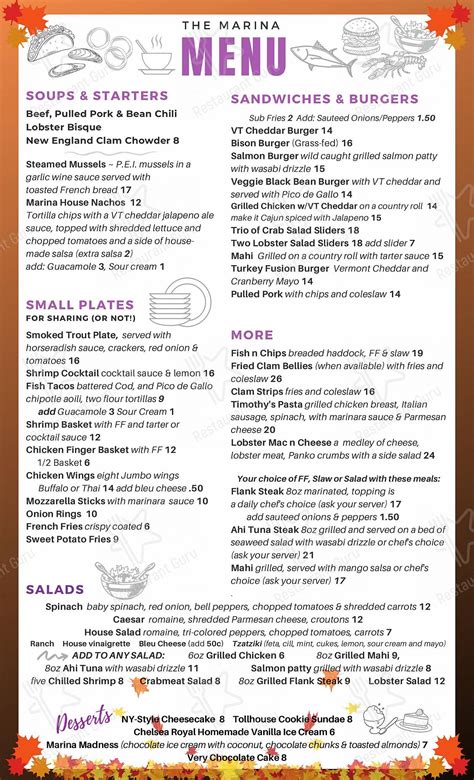 Menu at The Marina restaurant, Brattleboro