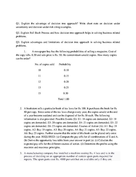Unit 3 Decision Theory - .... - Q1. Explain the advantage of decision ...