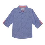 Kid Boys Collar Neck Roll Up Sleeve Blue Shirt