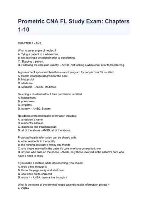 Prometric CNA FL Study Exam: Chapters 1-10 NEWEST 2026/2027 ACTUAL EXAM ...