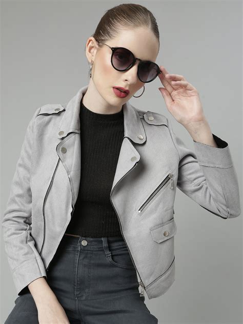 SHOWOFF Women's Lapel Collar Grey Solid Tailored Jacket