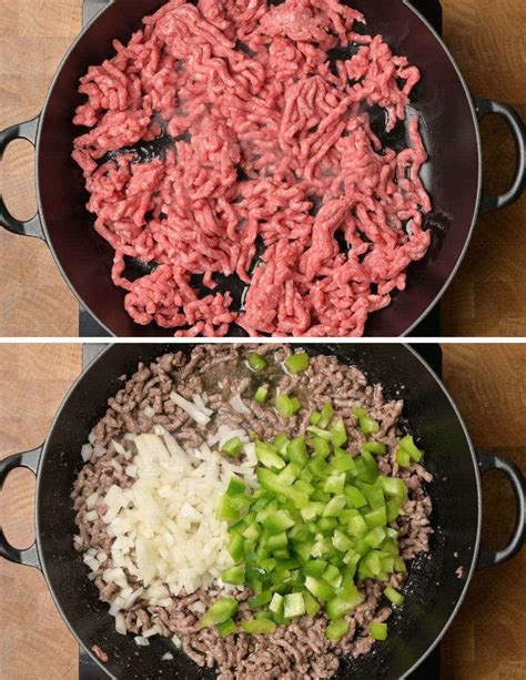 top-down view of a white 9x13 casserole dish of Grandmaâ��s ground beef casserole with a scoop out a