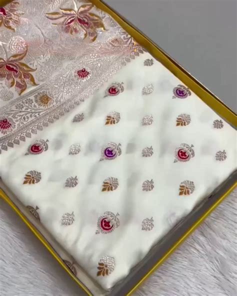 White Satin Mashru Banarasi Saree with Meena Buta & Floral Zari Pallu ...