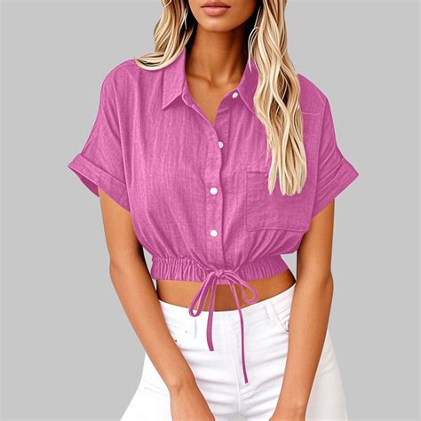 UVEASISHA Cropped Shirts for Women Cotton Linen Drawstring Waist Blouse ...
