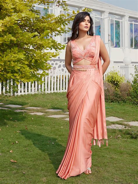 Delicate Blouse and Beaded Waist Detail Peach Indo-Western Saree ...