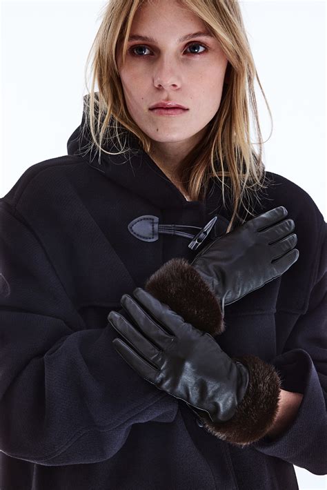 Fluffy-trim leather gloves - Black - Ladies | H&M GB