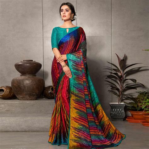 Energetic Red - Multi Colored Partywear Printed Silk Crape Saree