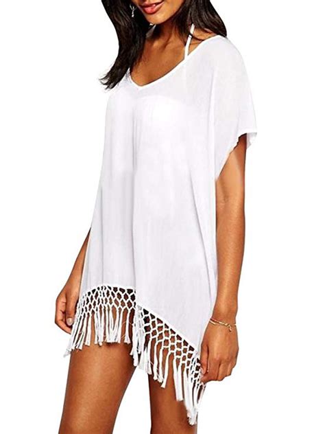 SAYFUT Womens Beach Bikini Cover up Chiffon Tassel Swim V Neck Loose ...