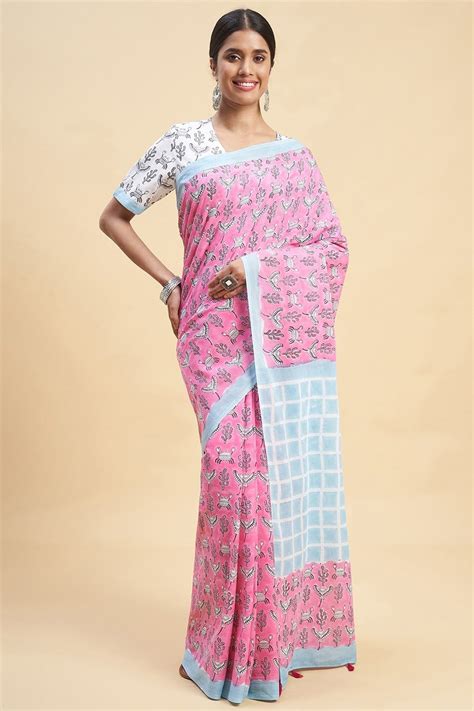 "Crab In Pink'' Block Printed Cotton Saree