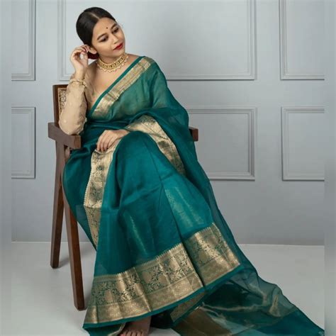 Bottle Green Banarasi Woven Skirt Border Soft Organza Saree – Hanfi ...