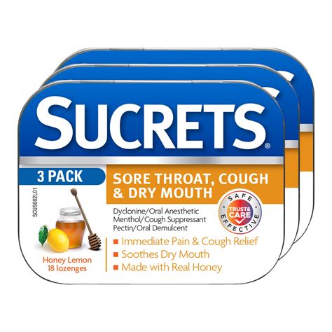 Sucrets Sore Throat & Cough Lozenges, Honey Lemon, 18 Count (3 Pack ...
