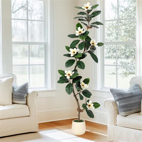 Kselythan Rubber Tree 5FT Artificial Tree in White Planter Pot,Fake ...
