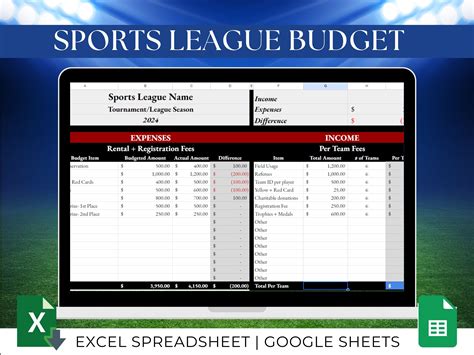 Sports League Budget Template Youth Sports Tournament Budget Spreadsheet Adult Rec League Sports ...