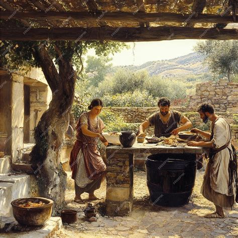 Scenes from daily life in an ancient Greek household including domestic ...