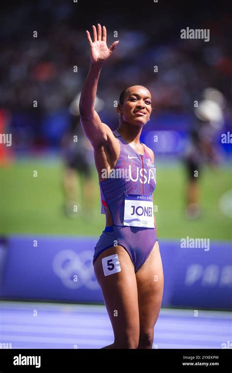Jasmine Jones participating in the 400 meters hurdles at the Paris 2024 ...